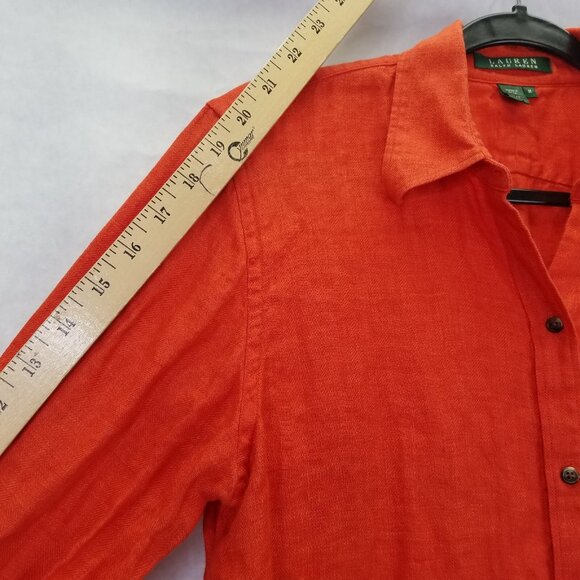 LRL Ralph Lauren Button Up Shirt Women's M Linen Burnt Orange Embroidered Logo - Picture 11 of 12